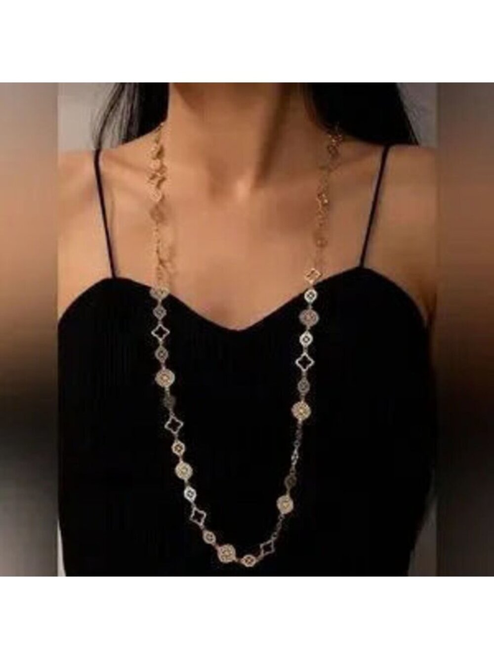 Gold Tone Clover Medallion Long Necklace Adjustable Statement Chain Gift Dainty